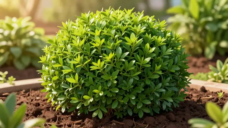 Lush green globe arborvitaet glows in warm, golden garden sunlight