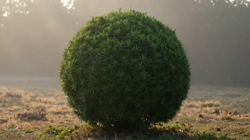 Dense green globe arborvitaew emerges from a misty morning atmosphere
