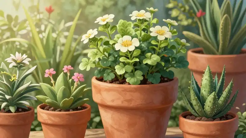 Sun-drenched garden close-up of flowering terracotta pots