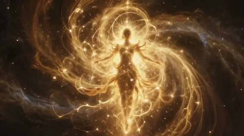 A magnificent golden celestial figure glows in a dramatic nebula