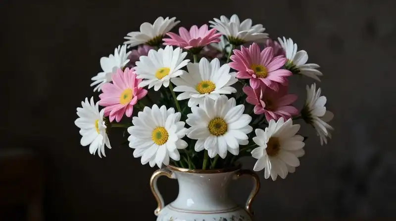 White godetias glow dramatically in a delicate antique porcelain vase