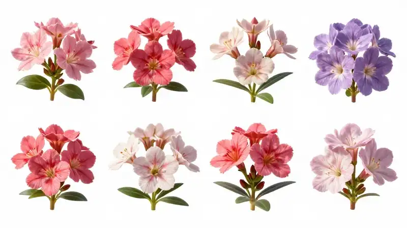 Vibrant, detailed Godetia flowers arranged in a bright scientific layout