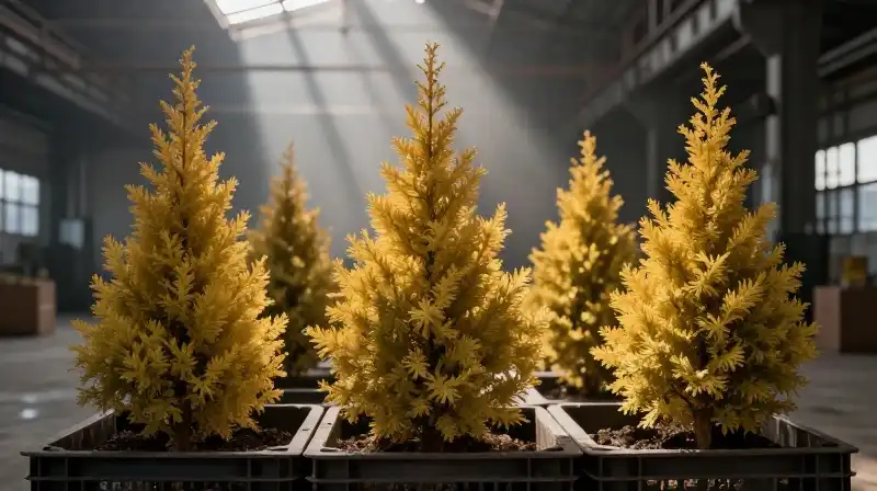 Golden foliage in a misty warehouse bathed in bright sun
