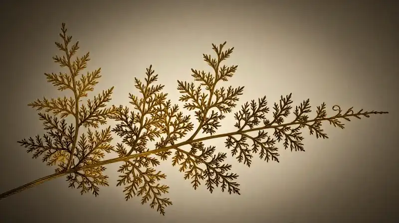 Golden mop cypress branches are dramatically silhouetted in a minimalist studio