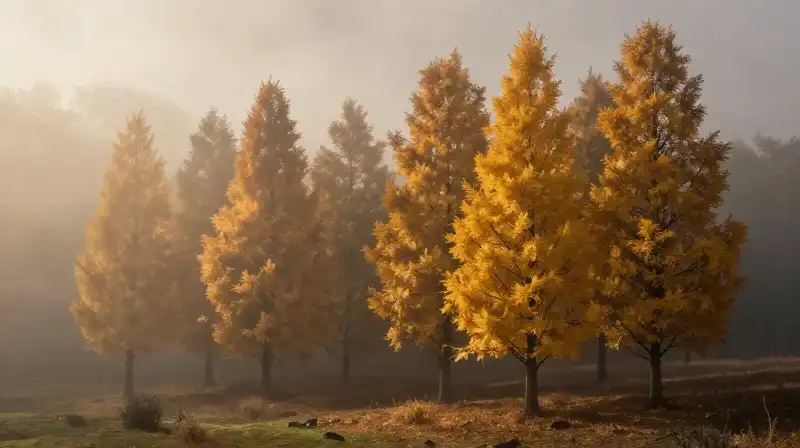 Glowing golden cypress trees emerge from thick autumn fog