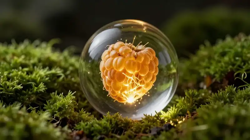 Glowing golden raspberry clusters rest on vivid emerald moss