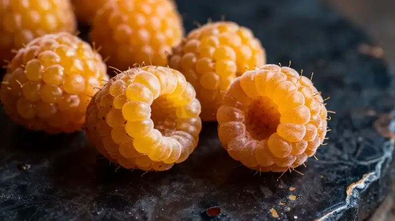 Golden raspberries rest dramatically on an ornate, antique wooden table
