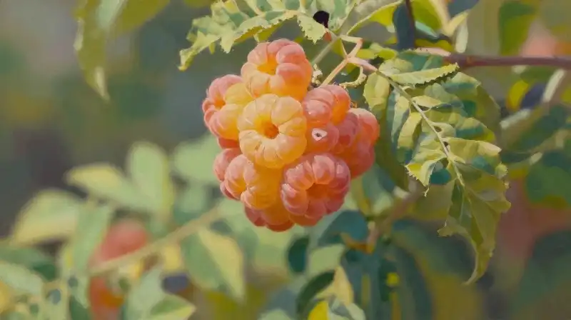 Golden raspberries glow softly within a warm, lush garden setting