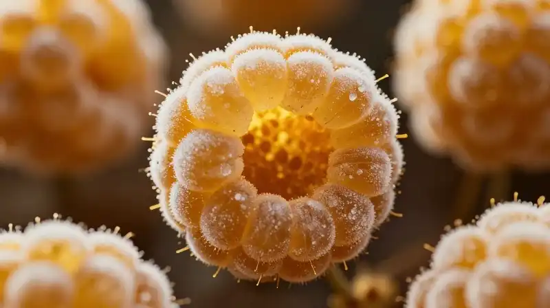 Golden raspberries surrounded by glowing, ethereal sugar molecules