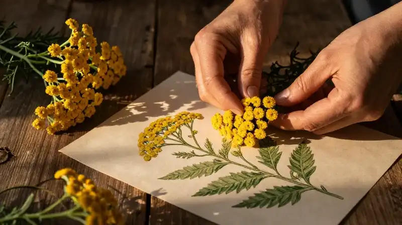 Gloved hands meticulously select golden yarrow clusters on rustic wood