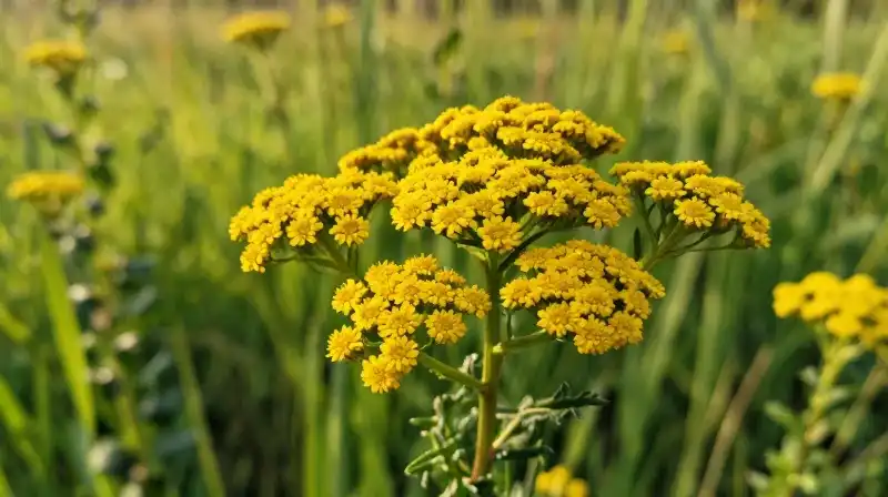 Golden yarrow clusters glow in a warm, lush meadow