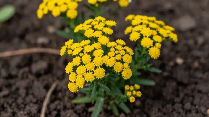 Bright golden yarrow blossoms thrive in moist garden earth