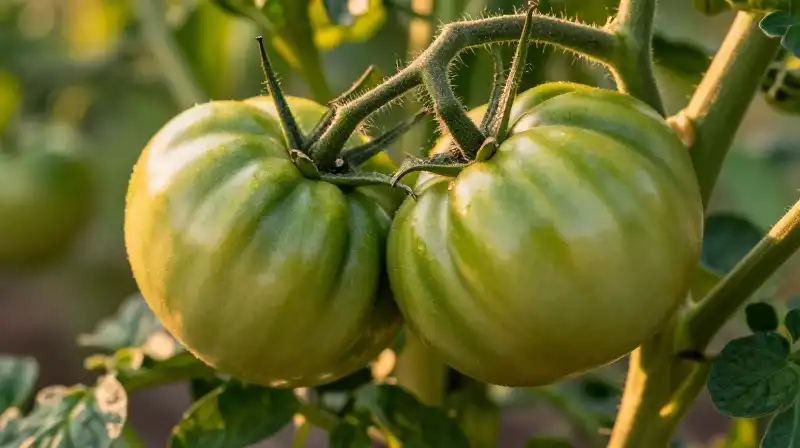 A giant, glowing tomato surrounded by lush vines during golden hour