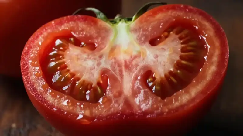 A huge, vibrant red tomato slice stands dramatically against a dark, earthy background