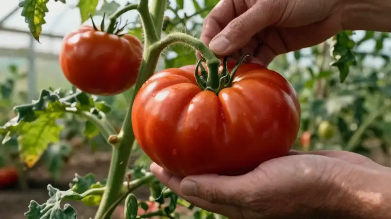 Colossal tomato spills from vine under dramatic greenhouse light