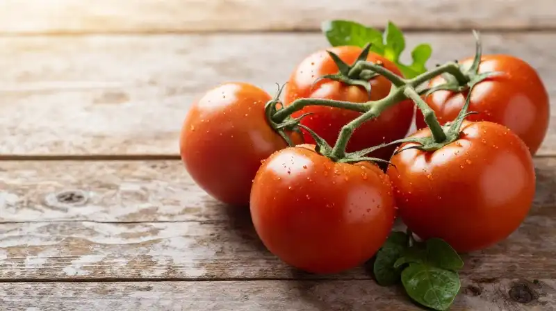 Colorful heirloom tomatoes rest on rustic wood under soft, golden light