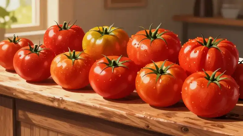 Champion stands above vibrant, sunlit piles of ripe heirloom tomatoes
