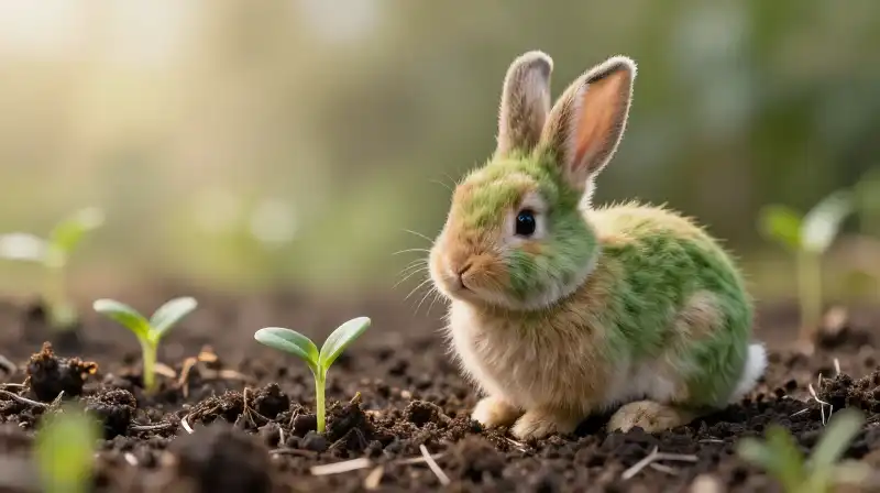 A whimsical grass bunny watches tiny seedlings in dark, sunlit soil