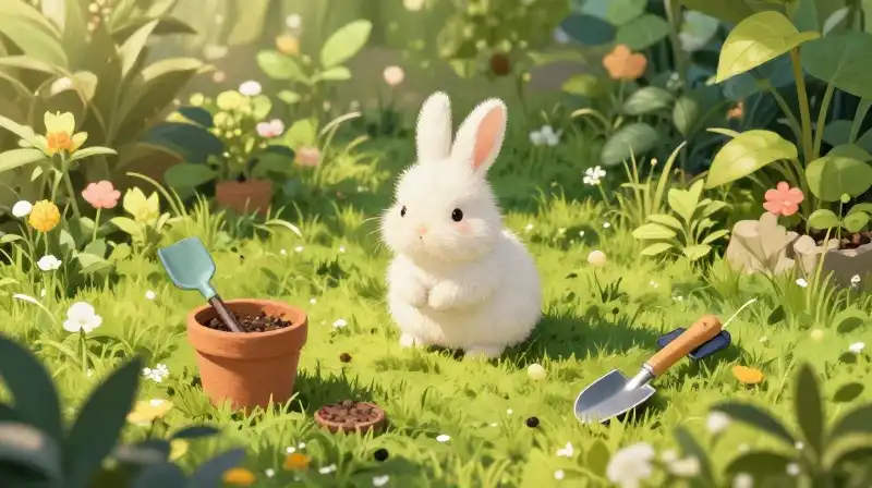 A fluffy grass bunny gardens with tools in a sunlit, whimsical garden patch