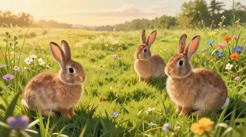 A small bunny rests in a detailed, golden wildflower meadow