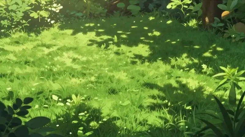 Lush green turf is spot-lit by filtering dappled sunlight above