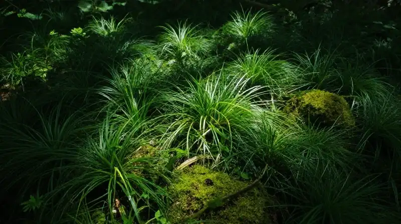Lush, detailed moss and green grass rest under dappled forest light