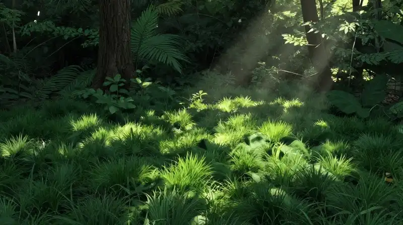 Sunlight filters through forest canopy onto lush green ground cover