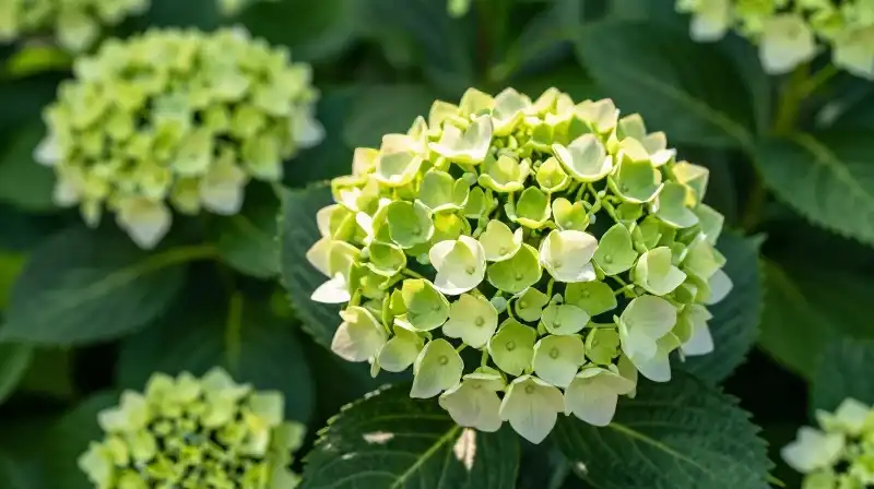 Lush, detailed green hydrangeas glow under dappled morning sun