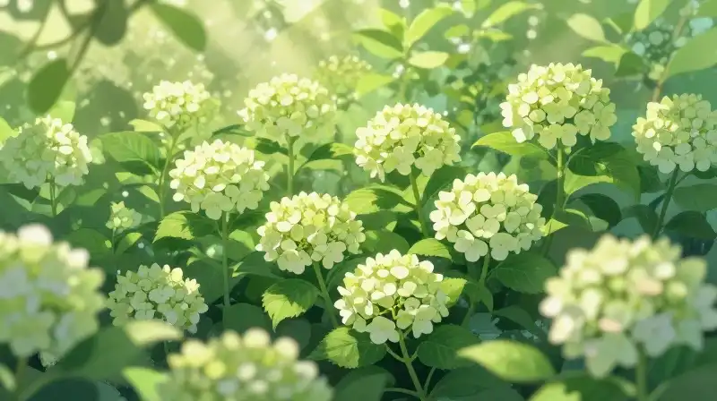 Soft sunlight bathes lush green hydrangeas in a vibrant, ethereal garden