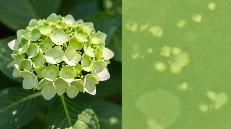 Vibrant green hydrangeas show intricate color textures under dappled sunlight