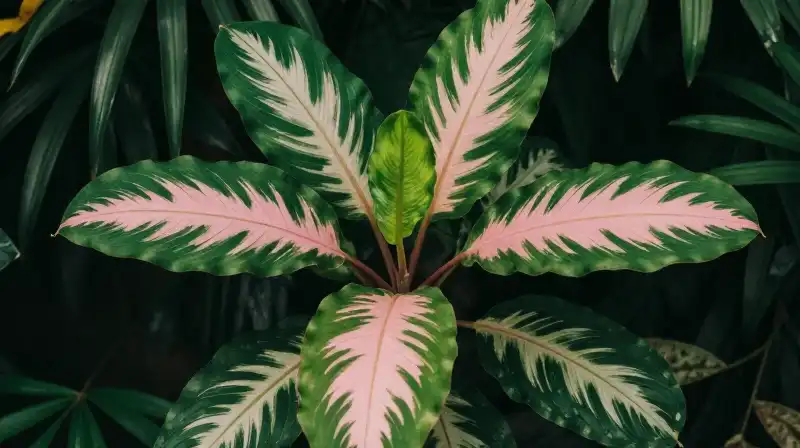 Vibrant variegated leaves thrive in a lush tropical setting
