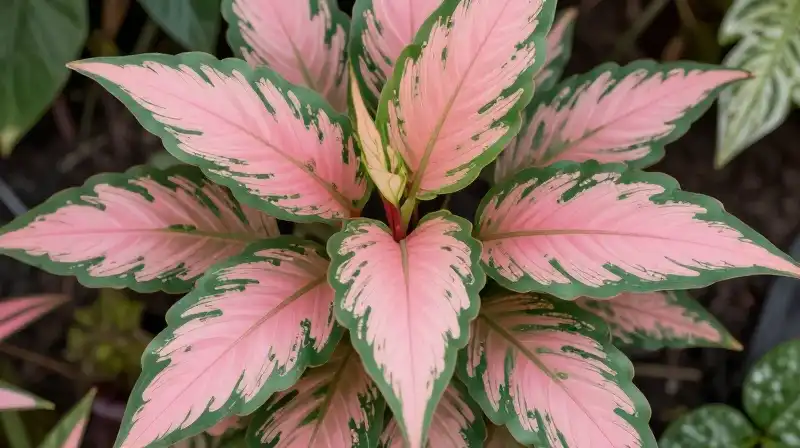 Glowing pink and green leaves fill a lush botanical garden