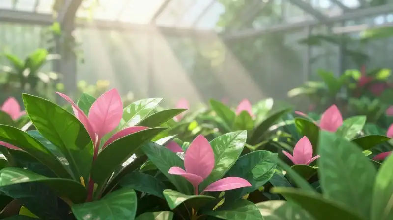 Lush, bright green and pink foliage glows through humid mist in the sun