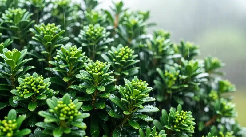 Vibrant emerald globes shimmer in gentle, misty morning rain