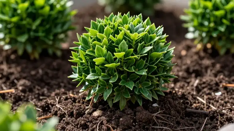 Emerald boxwood plants emerge from deep, shadowed soil