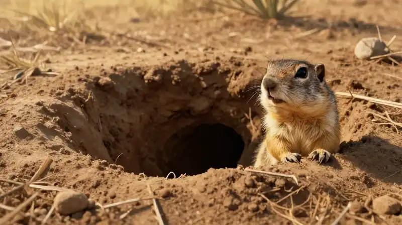 A detailed ground squirrel burrow glows in the warm, golden light