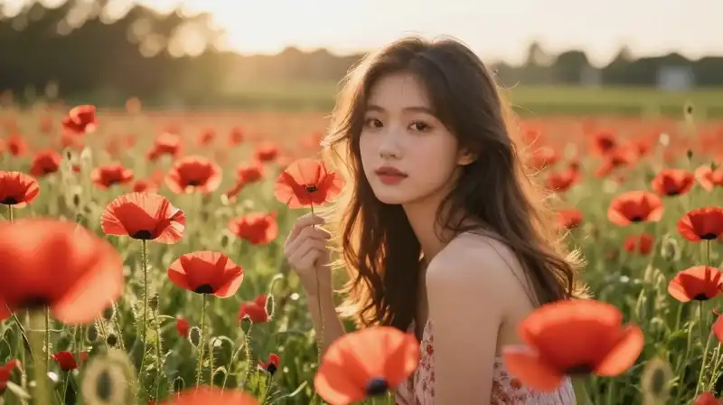 A young woman stands amidst a vibrant red poppy field bathed in golden light