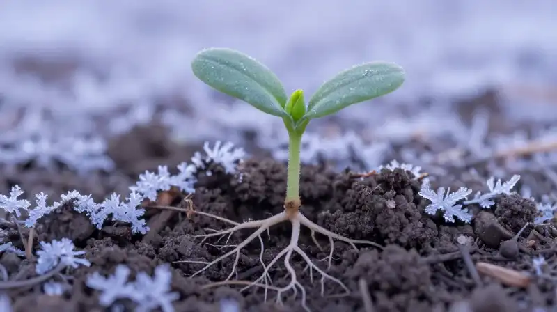 A fragile poppy seedling rises through icy, pale blue earth