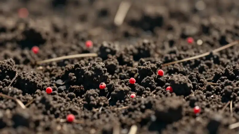 Tiny red poppy seeds scattered on rich dark soil in the morning sun
