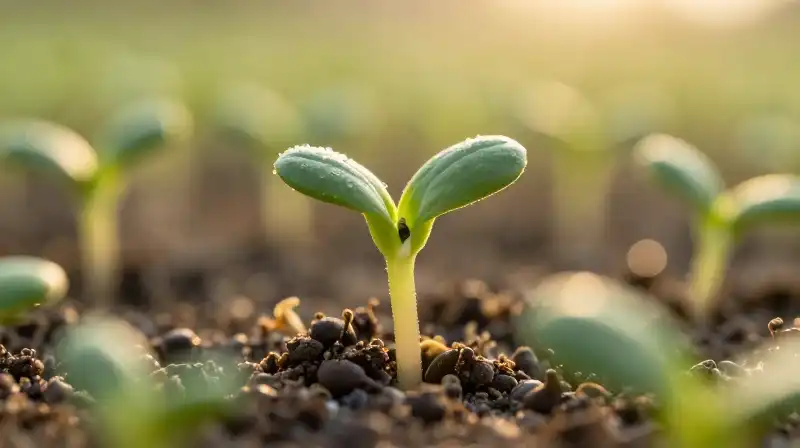 Vibrant green seedling detailed in warm golden sunlight