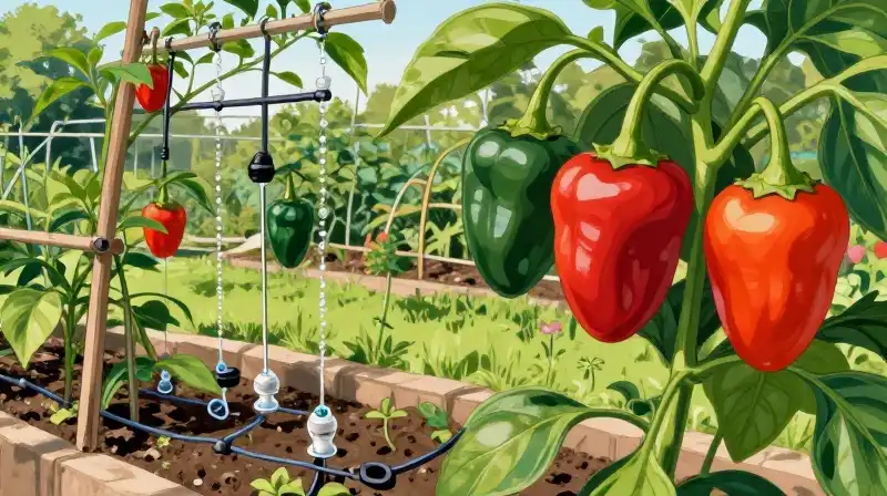 Vibrant serrano peppers grow on a trellis in a sun-drenched garden