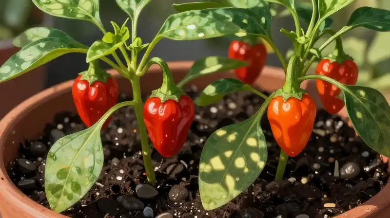 Vibrant serrano chilies sprout in rich soil, bathed in dappled morning light