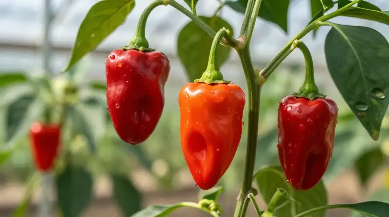 A plump red serrano pepper grows brightly under sunlight in a greenhouse