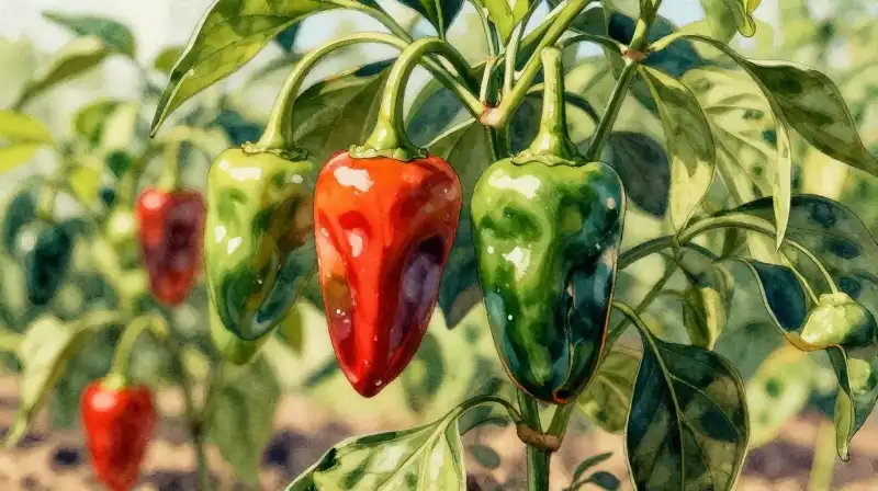 Ripe serrano peppers hang from lush plants in a sunlit garden