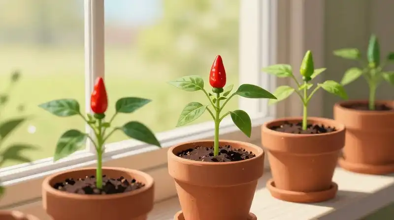Vibrant serrano peppers grow on small plants in a sunlit terracotta pot