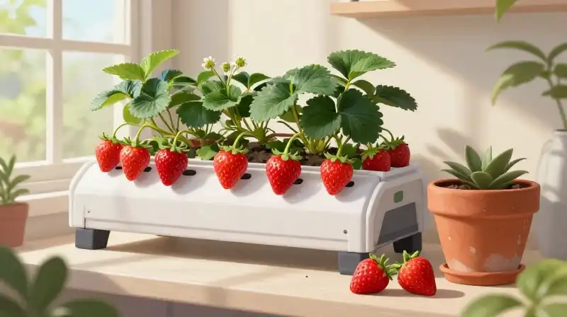 Vibrant strawberries grow in a bright sunroom under soft morning light