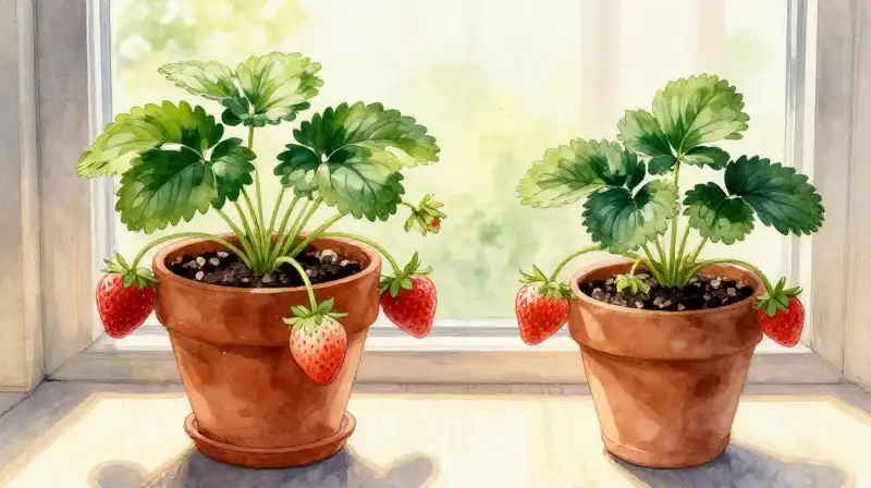 Vibrant strawberries grow in terracotta pots by a warm sunlit windowsill