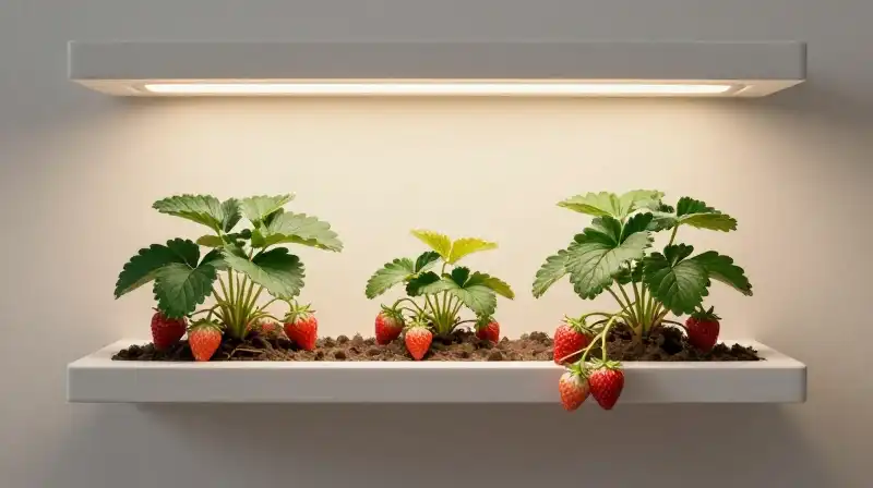 Lush strawberries grow on a minimalist white shelf under a soft warm glow