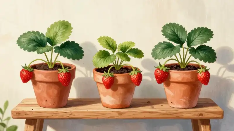 Bright, colorful strawberries grow from pots on a rustic shelf