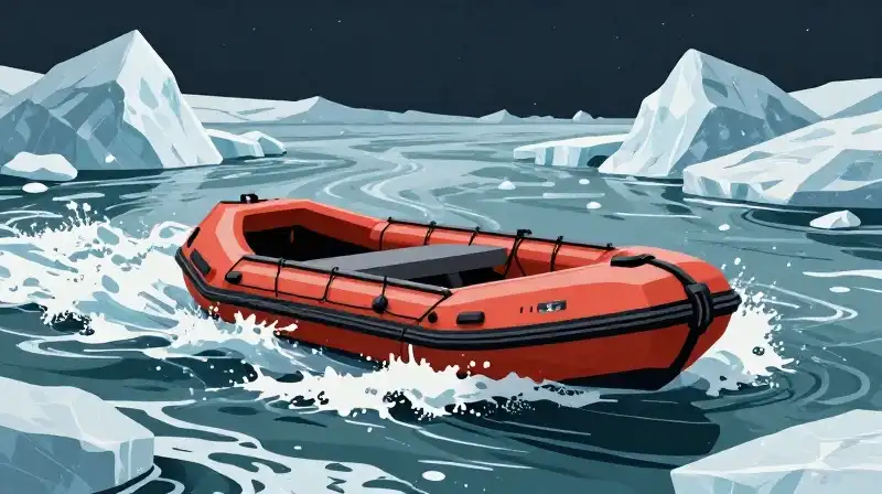 A lone raft navigates sharp ice in a turbulent, dramatic river